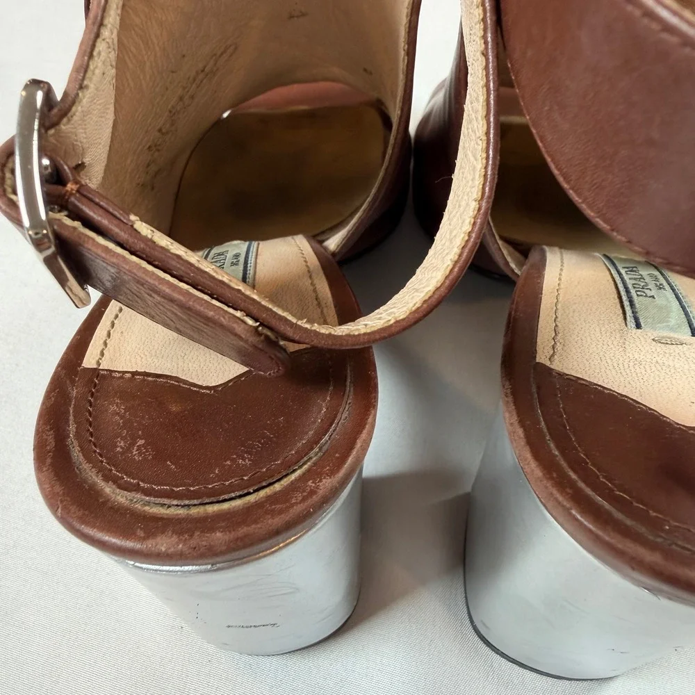 Prada Brown Leather Peep Toe Cutout Ankle Boots Silver Mirrored Block Heel Sz 38